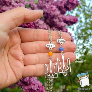 Кулон для двох друзів "Best Buds Герб України". Тризуб 16*31 мм, жовто-блакитні намистини. Ціна за набір